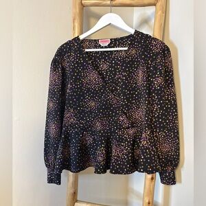 Kate Spade Confetti Polka Disco Dots Peplum Blouse with Faux Wrap Front XS